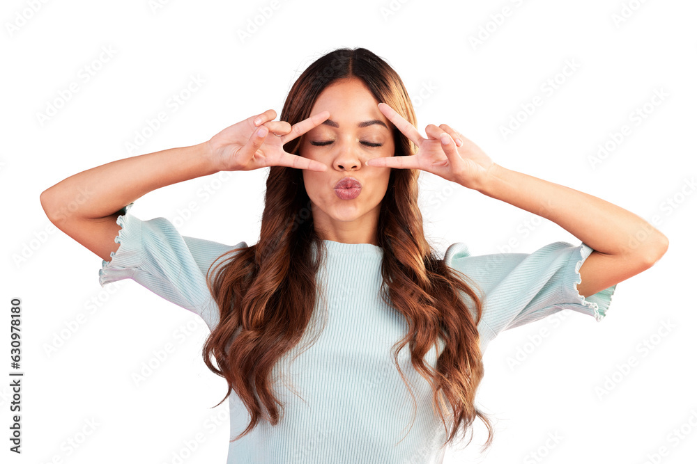 Peace hands, kiss and face of woman isolated on a transparent png background for funny emoji. Happy gen z female model show v sign with confidence, icon and symbol for pride, good mood and freedom Peace hands, kiss and face of woman isolated on a transparent png background for funny emoji. Happy gen z female model show v sign with confidence, icon and symbol for pride, good mood and freedom
