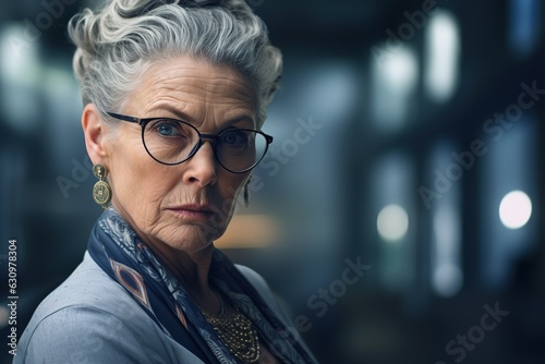 Portrait of confident strict elegant senior woman wearing glasses and short gray haircut looking at camera indoors. Serious woman boss, director or manager