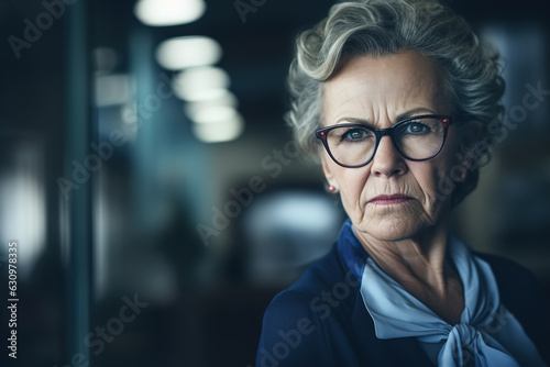 Portrait confident strict senior woman boss wearing glasses and short gray hair, serious displeased middle aged caucasian business woman indoors looking away