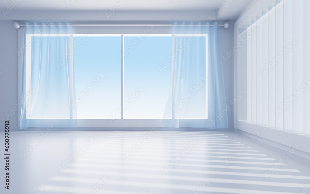 White interior building with windows, 3d rendering.