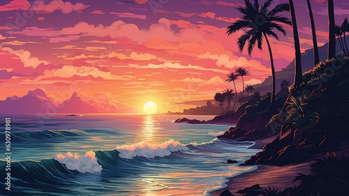 Illustrations depict scenic coastal landscapes, including rock formations, palm trees, and vibrant sunsets