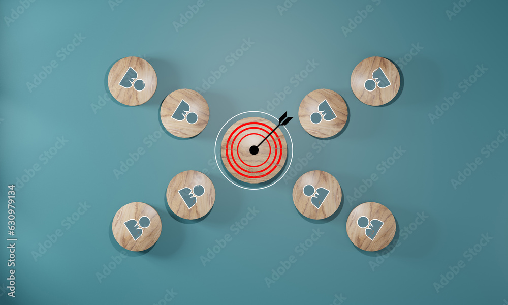 target board and arrow which print screen to wooden cube block. Business achievement goal and objective target concept. target board and arrow which print screen to wooden cube block. Business achievement goal and objective target concept.