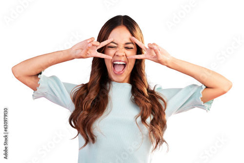 Peace sign, winning and happy woman in celebration isolated in transparent or png background. Hand gesture, congratulations and crazy young female person with v symbol for comic expression or emoji