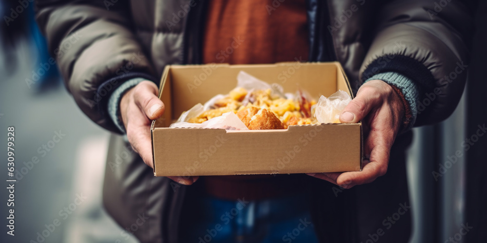 Generative AI, an elderly homeless man receives groceries in a charity food bank, a cardboard box with bread and vegetables, a person has lunch on the street Generative AI, an elderly homeless man receives groceries in a charity food bank, a cardboard box with bread and vegetables, a person has lunch on the street
