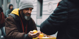 Generative AI, an elderly homeless man receives groceries in a charity food bank, a cardboard box with bread and vegetables, a person has lunch on the street