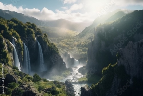 View of the beauty of the waterfall and sunrise in the morning from above. generative ai