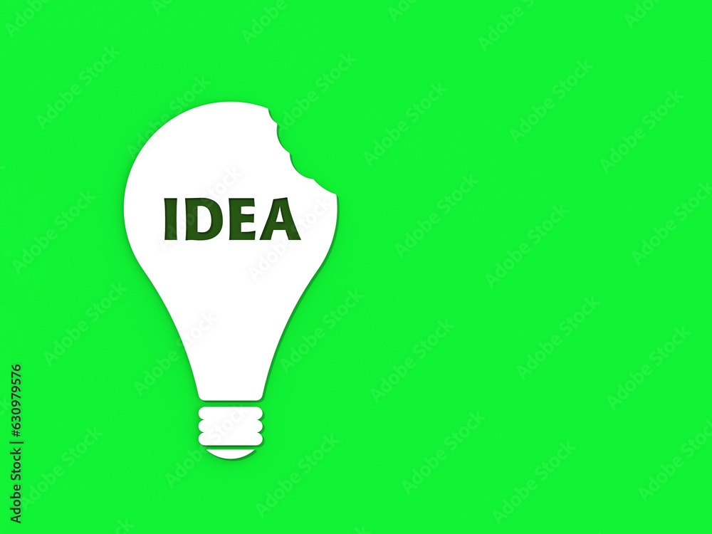 a white bitten light bulb with the inscription idea on a green background. teeth marks stealing an idea. plagiarism. copying other people's works. Square image. 3D image. 3D rendering.