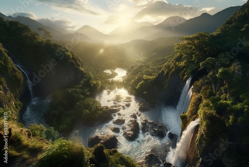 View of the beauty of the waterfall and sunrise in the morning from above. generative ai © LivroomStudio