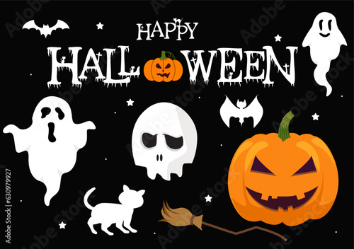 Set Halloween Elements Vector Illustration with Various Kinds of Things like Ghosts, Pumpkins, Skulls, Candies and More Cartoon Background Templates