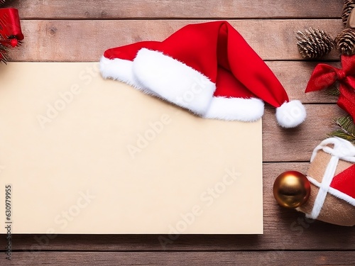 white sheet of paper and santa claus hat on grunge background.