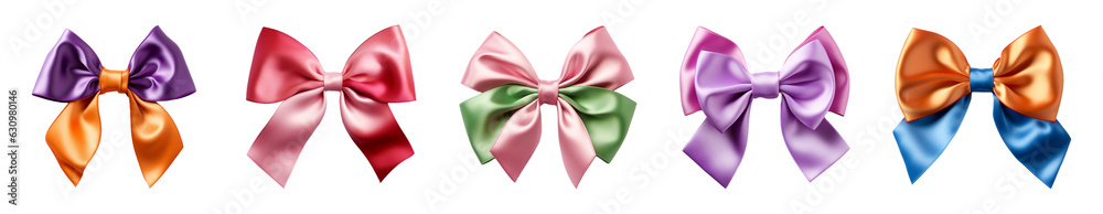 Set of double satin ribbon bows in complimentary colors. Isolated on a transparent background.