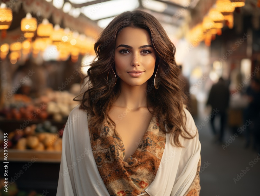 Arab city market, a striking and attractive young woman of Middle Eastern origin confidently strikes a pose, while the bustling crowd of people behind her forms a pleasant, blurred backdrop Arab city market, a striking and attractive young woman of Middle Eastern origin confidently strikes a pose, while the bustling crowd of people behind her forms a pleasant, blurred backdrop