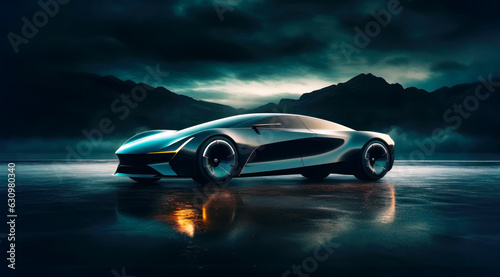 A futuristic concept car in dark blue and green colors. Generative AI