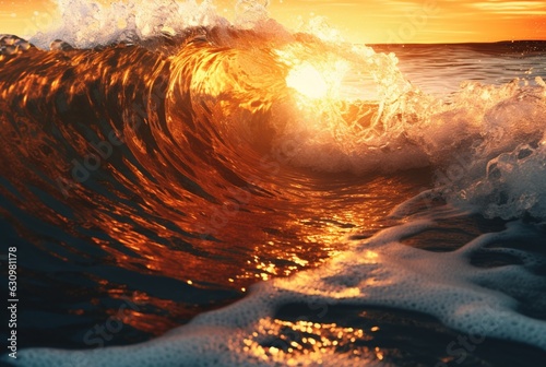 background closeup of beautiful beach waves water with sunset. generative ai © LivroomStudio