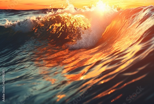 background closeup of beautiful beach waves water with sunset. generative ai