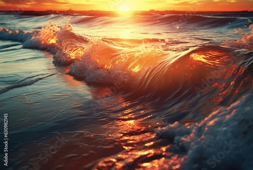 background closeup of beautiful beach waves water with sunset. generative ai © LivroomStudio