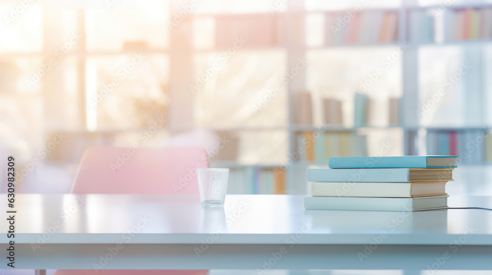 Desk with books on the background of office, school, library in pastel light colors 