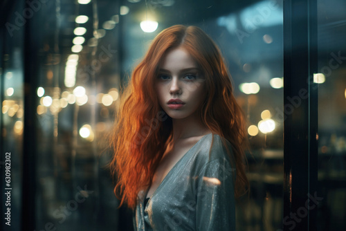 Girl with red hair in the night city, generative ai