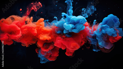 Acrylic blue and red colors in water on black background.