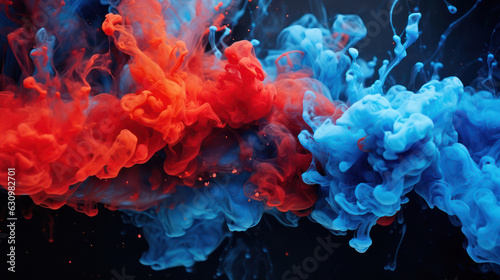 Acrylic blue and red colors in water on black background. © tashechka