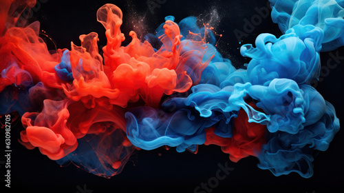 Acrylic blue and red colors in water on black background. © tashechka