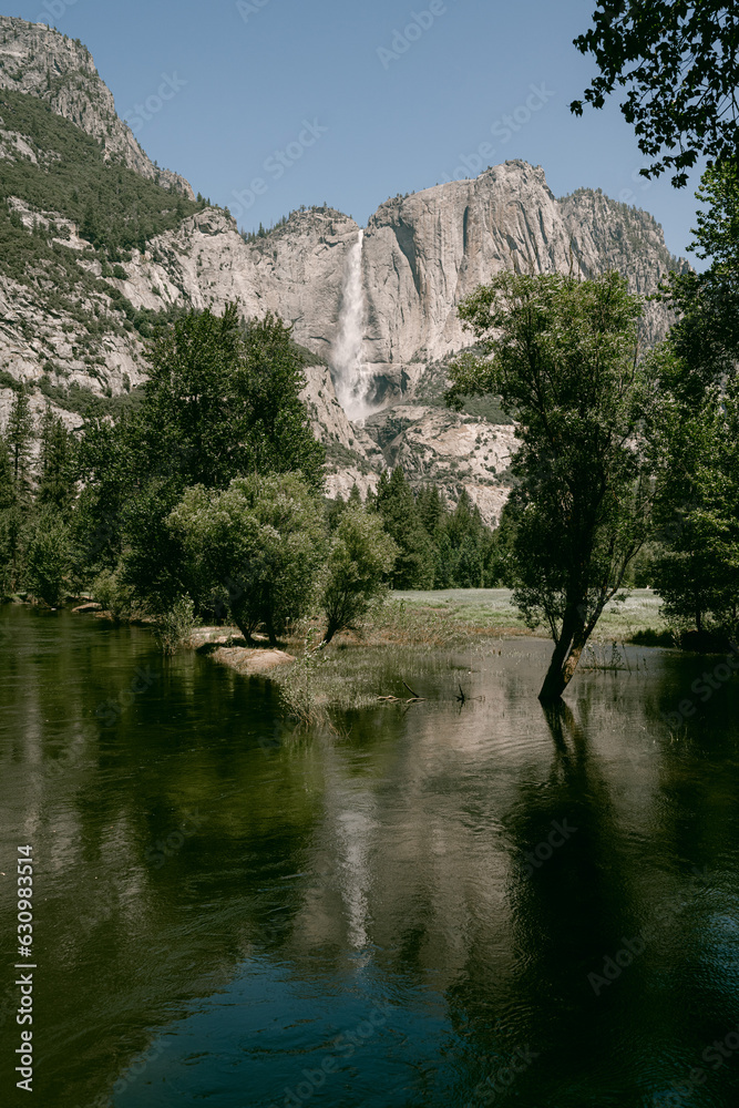 View of waterfall and river in Yosemite Valley