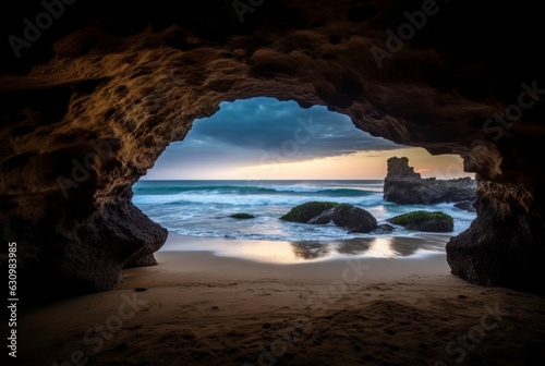 landscape view of the beauty of the beach from inside the cave. generative ai