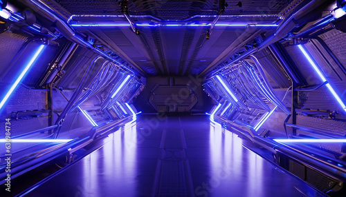 Sci Fi Futuristic Alien Spaceship Podium Tunnel Corridor Room Stage Glowing Laser blue Lights Wall Floor Cables And Devices Empty Space Showcase Garage 3D Rendering