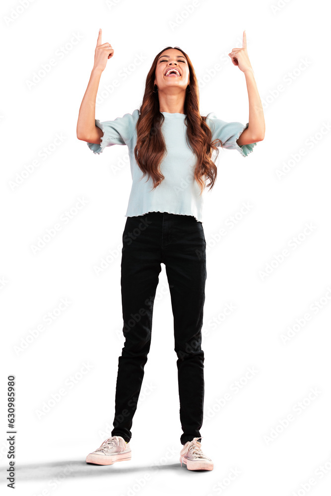 Commercial, pointing up or happy woman excited by a sale, deal or offer isolated on transparent png background. Full body, smile or person advertising product discount, promotion or logo announcement Commercial, pointing up or happy woman excited by a sale, deal or offer isolated on transparent png background. Full body, smile or person advertising product discount, promotion or logo announcement