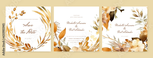 wedding invitation, thank you, details, menu, welcome, boho, minimal template design with watercolor White gold leaf and branch, watercolor invitation, beautiful floral wreath.