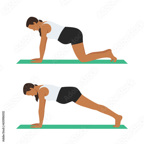A young pregnant woman performs a knee elbow plank pose. Flat vector illustration isolated on white background