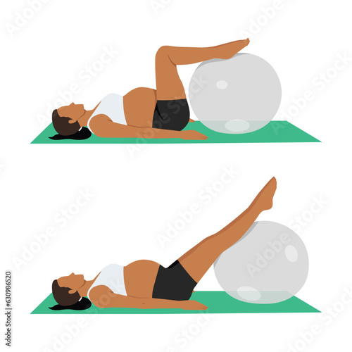 Young pregnant woman in sportswear does exercises for legs with transparent fitball lying on floor. Flat vector illustration isolated on white background