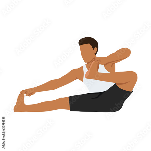 Man performs yoga asana Akarna Dhanurasana or Ardzhunasana (Archer Pose orÂ Pose Arjuna) on rug. Flat vector illustration isolated on white background