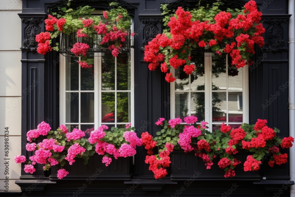 Beautiful blooming flowers in window boxes.
