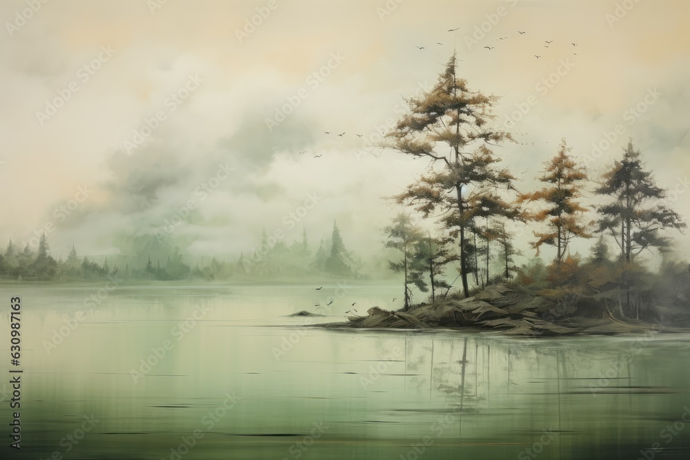 Morning mist rises from lake into trees. Beautiful scenery landscape.
