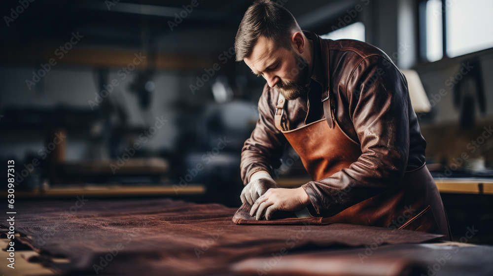 Man working with leather using crafting DIY tools Man working with leather using crafting DIY tools