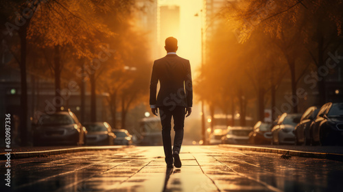 Businessman walking along street at sunset 