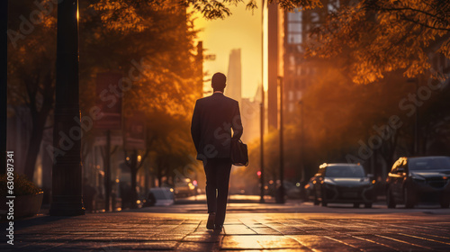 Businessman walking along street at sunset  photo