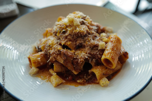 Close up Rigatoni pasta in Bolognese sauce