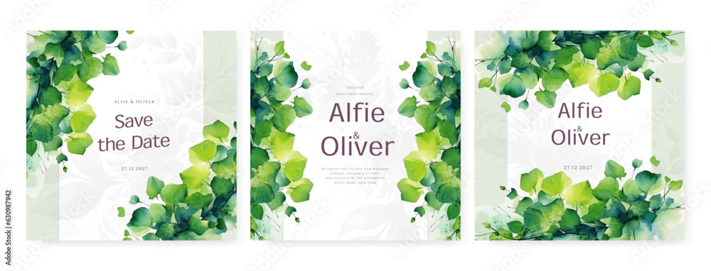Green modern wedding invitation card with flora and flower