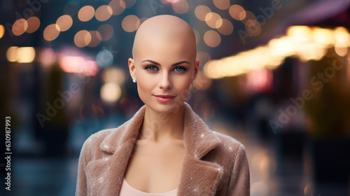 Beautiful young woman with Alopecia on the street