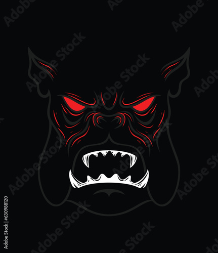 Angry bulldog face image on black background.