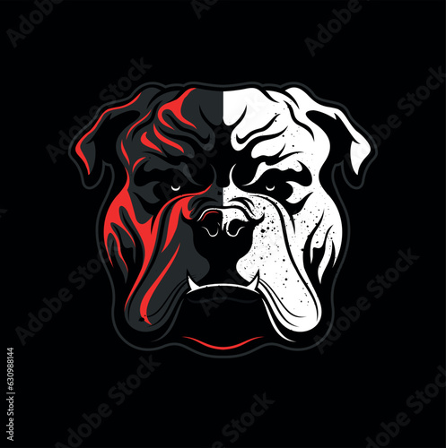 Angry bulldog face image on black background.