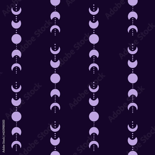 Hand drawn seamless pattern with moon phases in vertical line on dark purple background. Astrology space cosmic witch witchcraft concept, astronomy moonlight night sky art, lumar planet shapes. photo