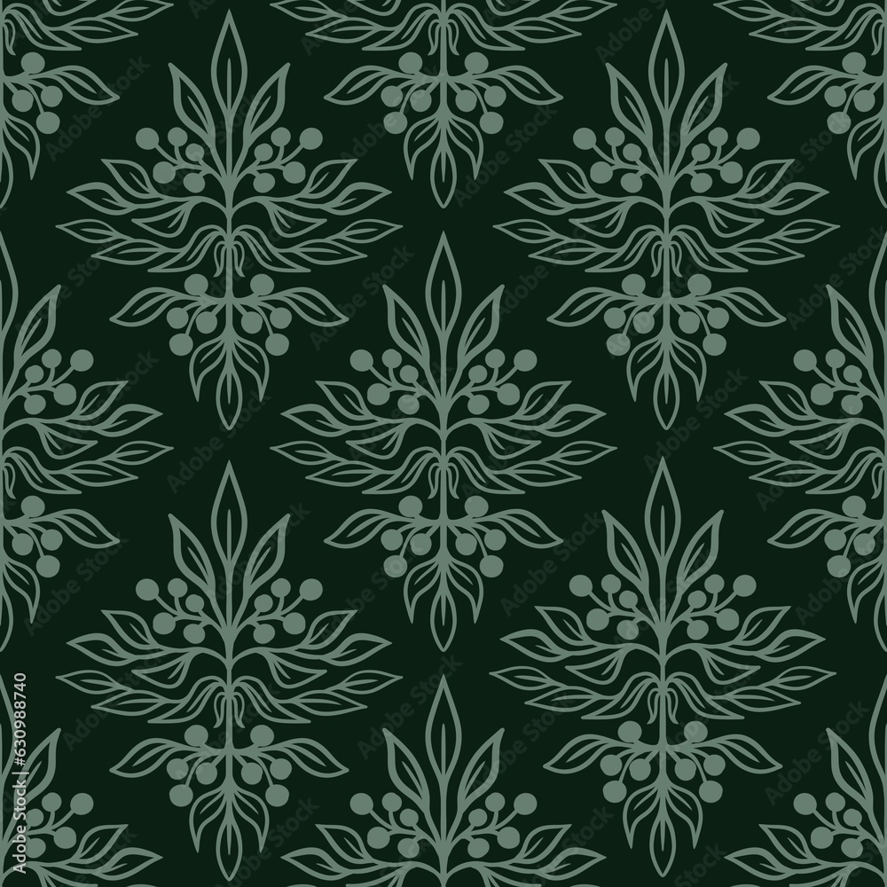 Hand drawn seamless pattern with floral damask ornament on dark green background. Leaves berries forest print in retro vintage victorian moody baroque art, textile fabric wallpaper antique design.