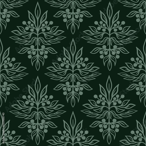 Hand drawn seamless pattern with floral damask ornament on dark green background. Leaves berries forest print in retro vintage victorian moody baroque art, textile fabric wallpaper antique design.