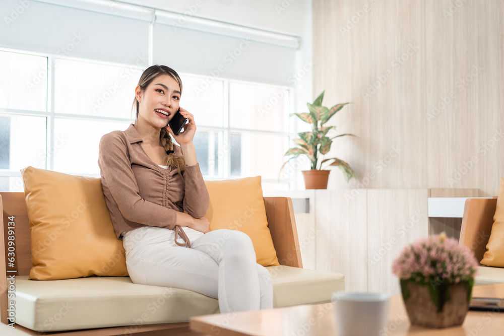 Beautiful young women using mobile phone sitting on sofa in living room. Using smartphone. Woman Shopping online store. Relax time at home Beautiful young women using mobile phone sitting on sofa in living room. Using smartphone. Woman Shopping online store. Relax time at home