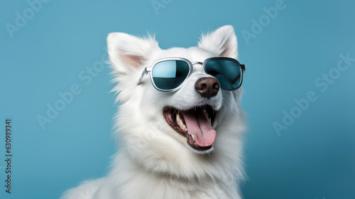 White laughing dog on blue solid background