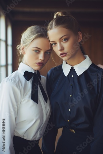 Two stylish young women, wearing their school uniforms and backpacks, pose happily together in a fashionable indoor setting, ready to embark on their journey of learning, autumn school uniform fashio