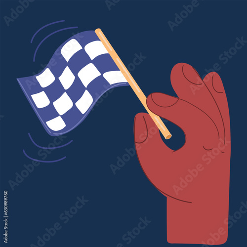 Cartoon vector illustration of hand hold tiny finish line race flag checkered flag.